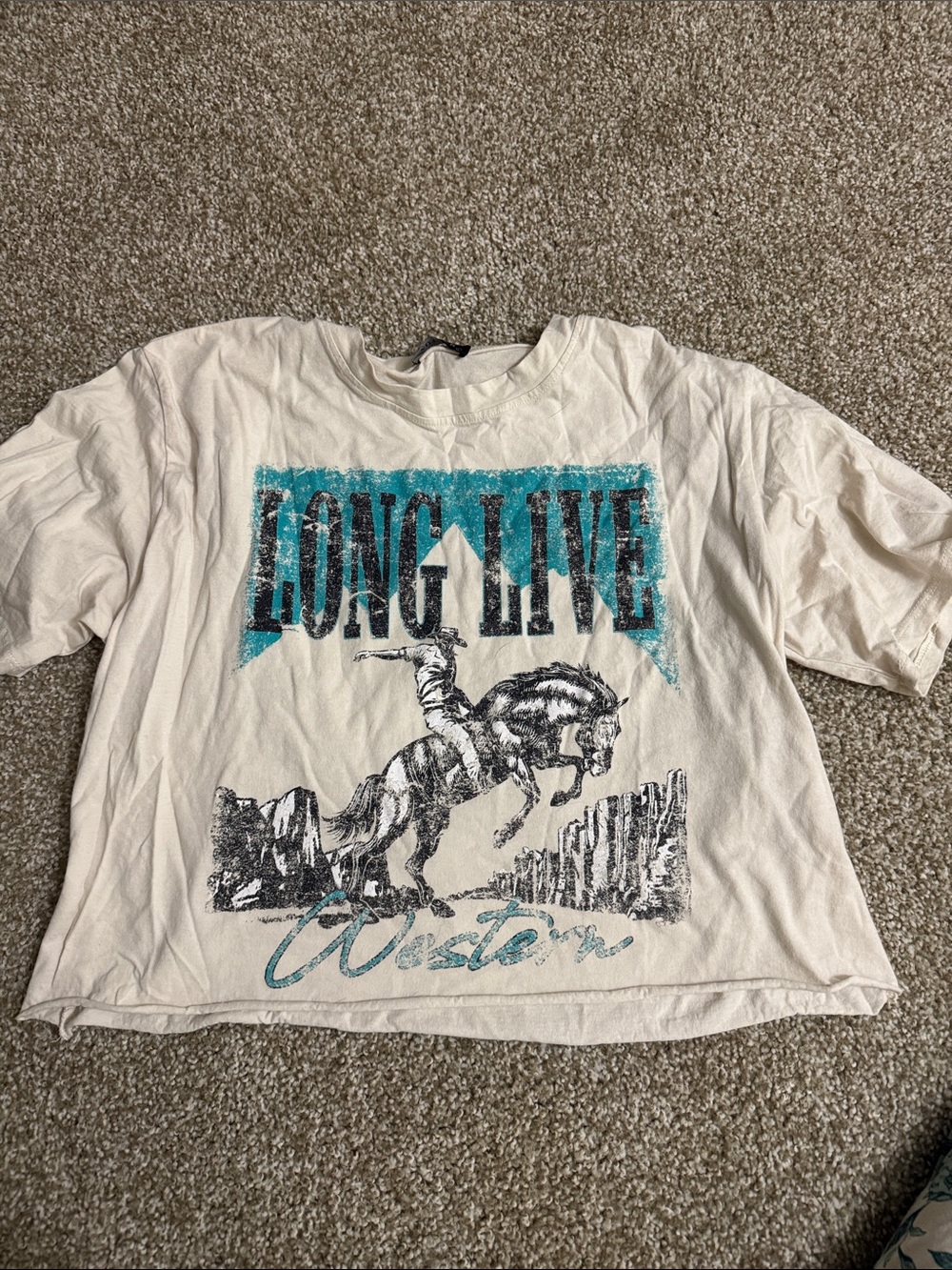 Graphic Crop Tee - Cream with Teal Western Print